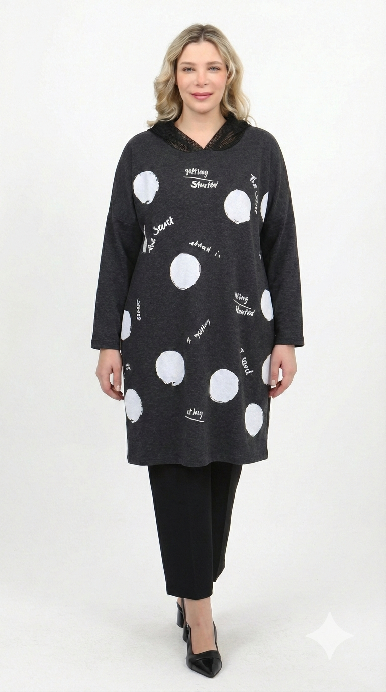 Kapüşonlu Baskılı Tunik - 8202