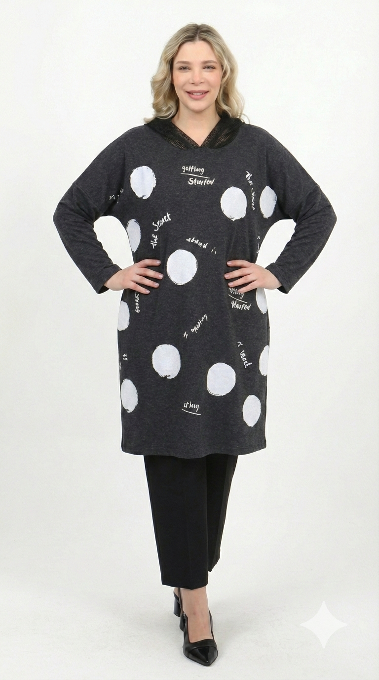 Kapüşonlu Baskılı Tunik - 8202