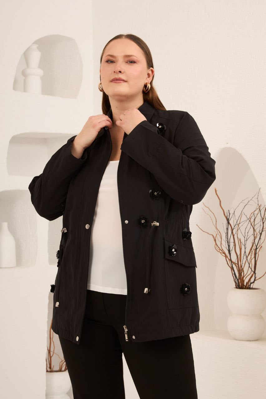 Çiçek Payetli Kısa Trenç Kaban - 9854