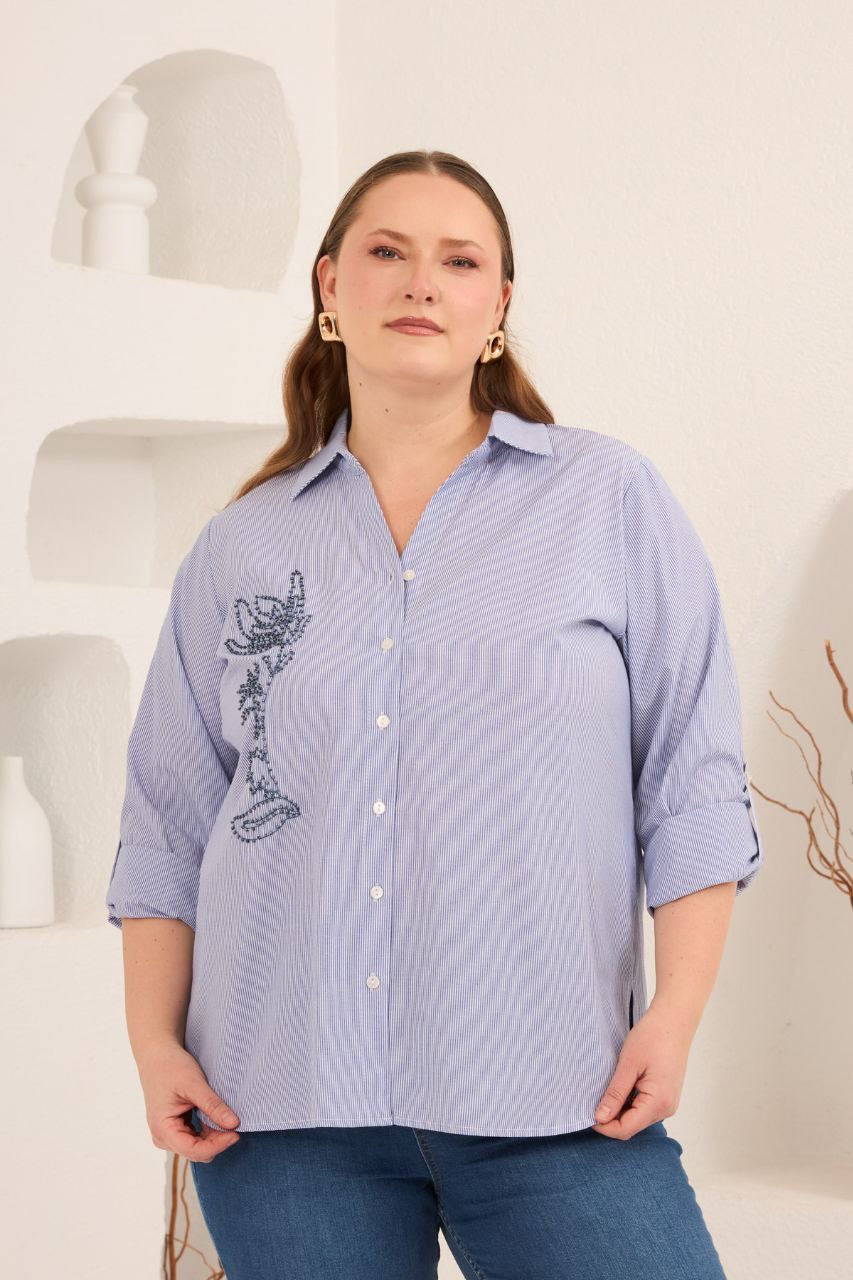 Nakış İşlemeli Cotton Gömlek - 6802