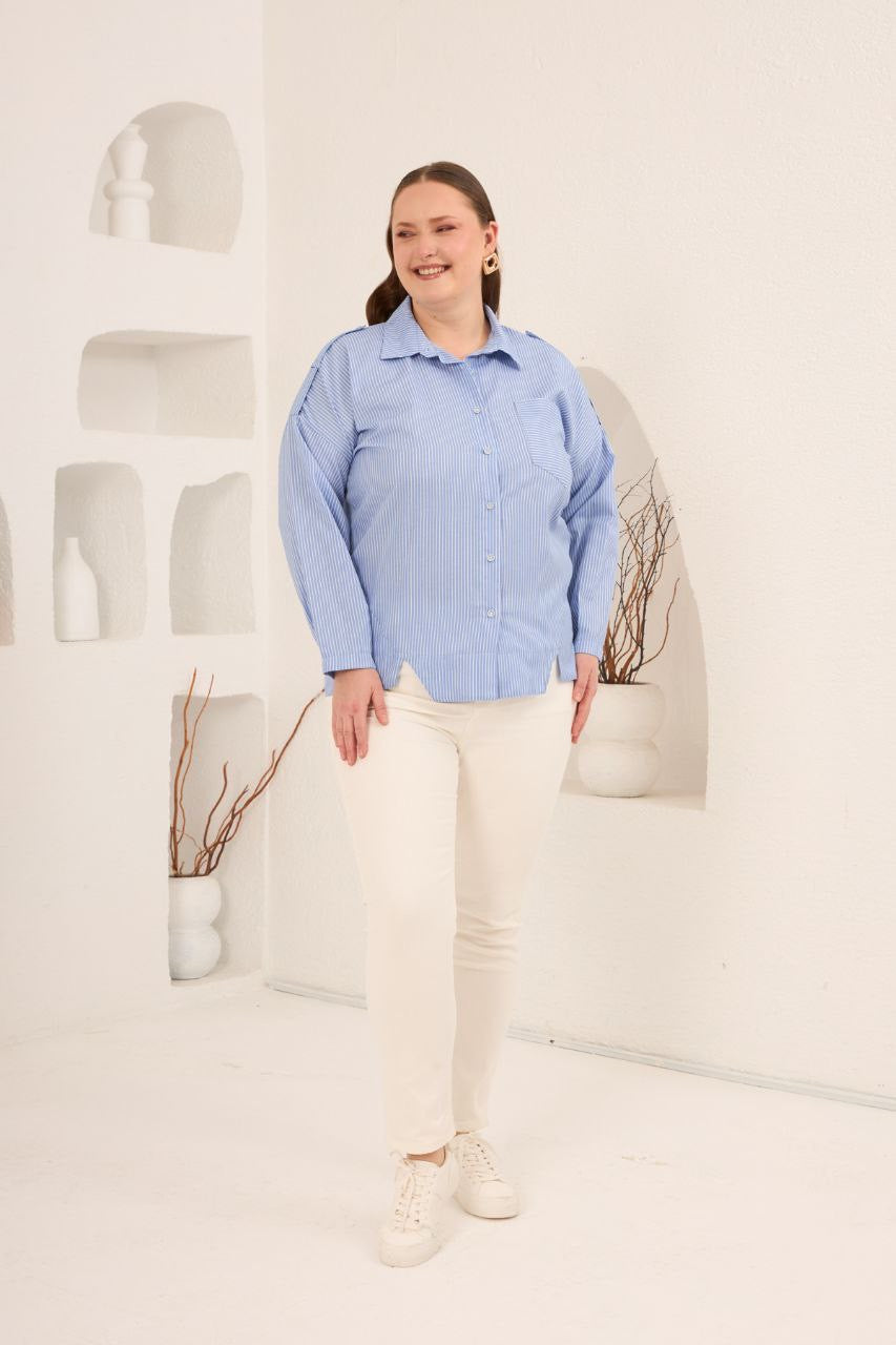 Reglan Kol Çizgili Cotton Gömlek -6848