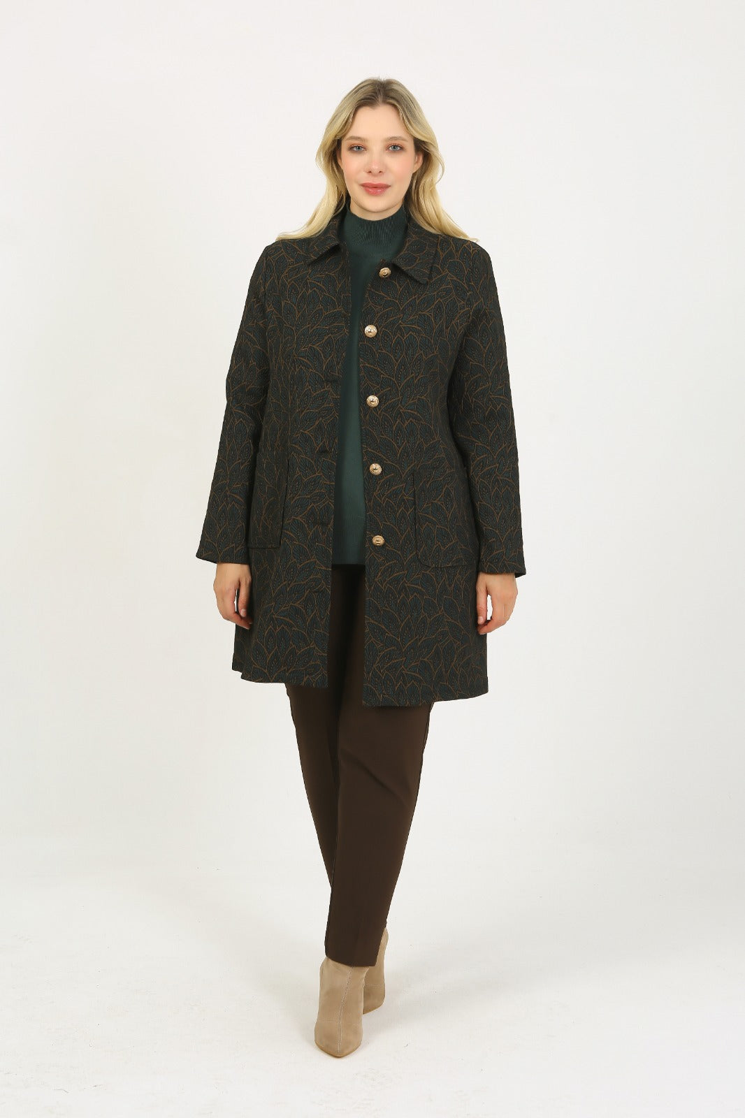 Desenli Gold Düğmeli Jakar Kapitone Ceket - 6025