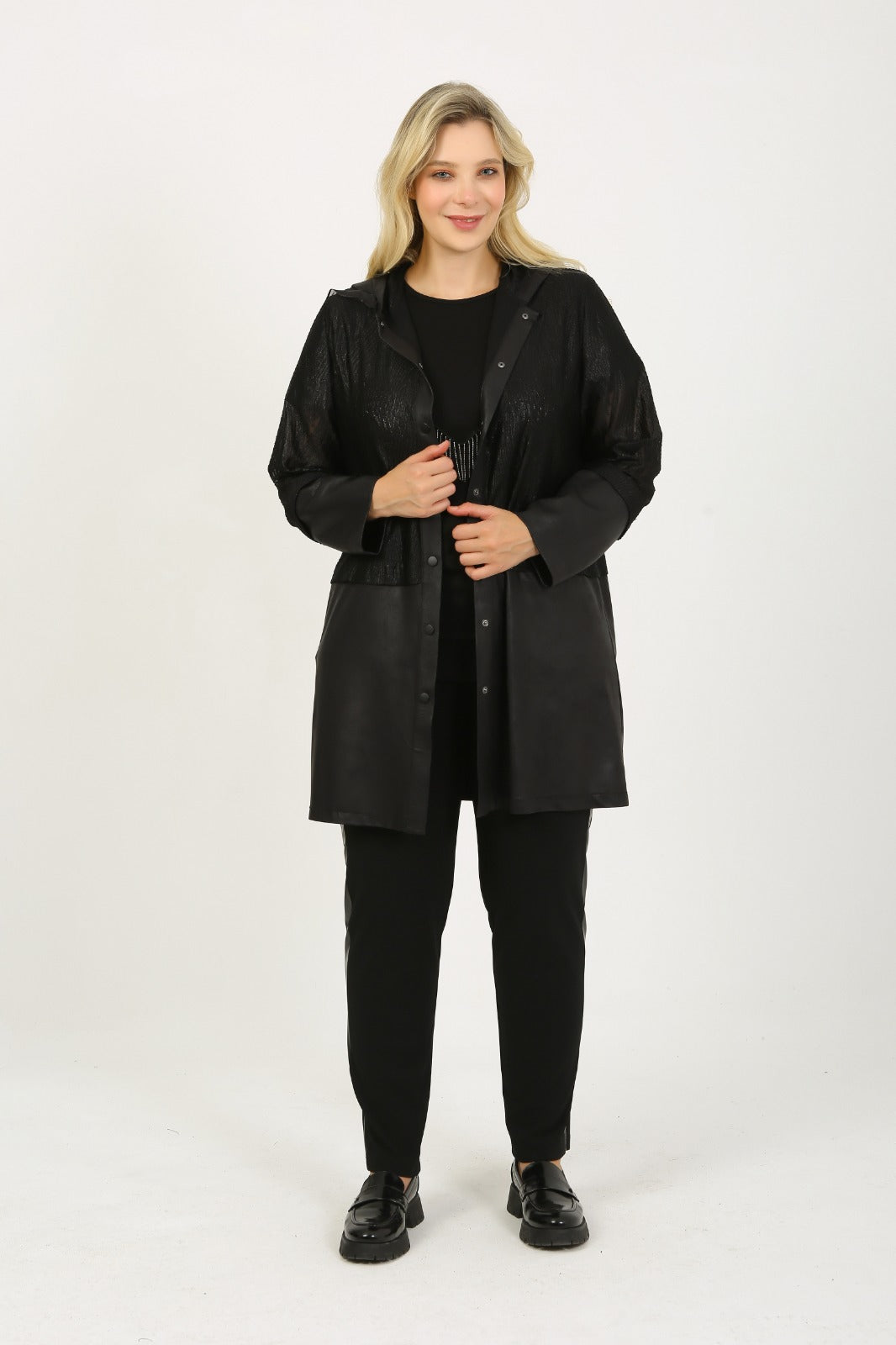 Kapüşonlu Deri Kombinli İkili Takım - 6082