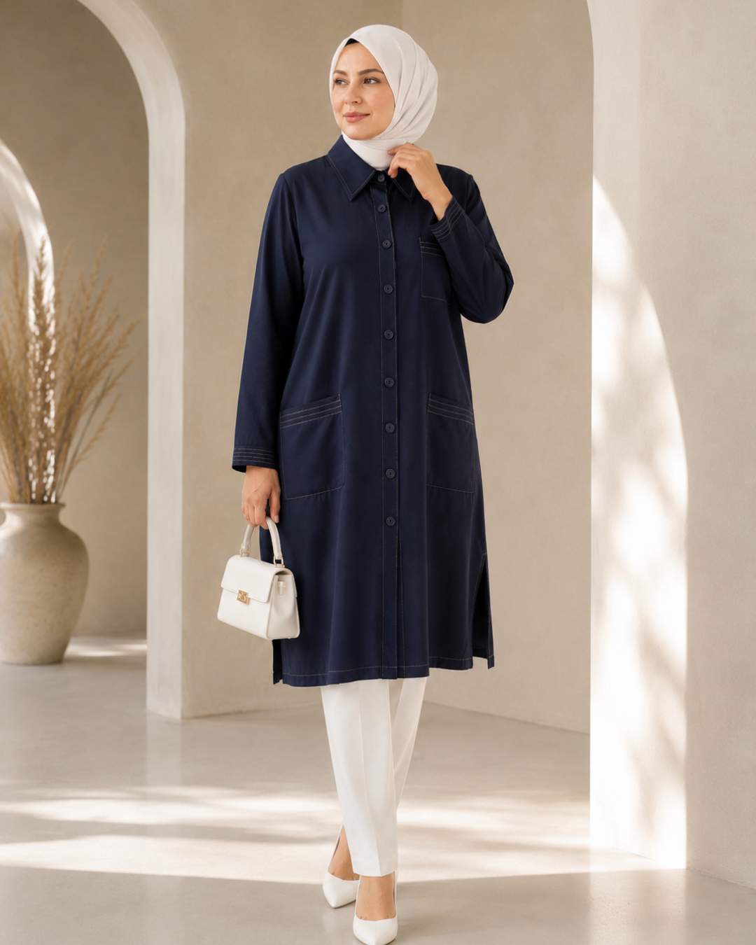 Üç Cepli %100 Modal Tunik  - 25217
