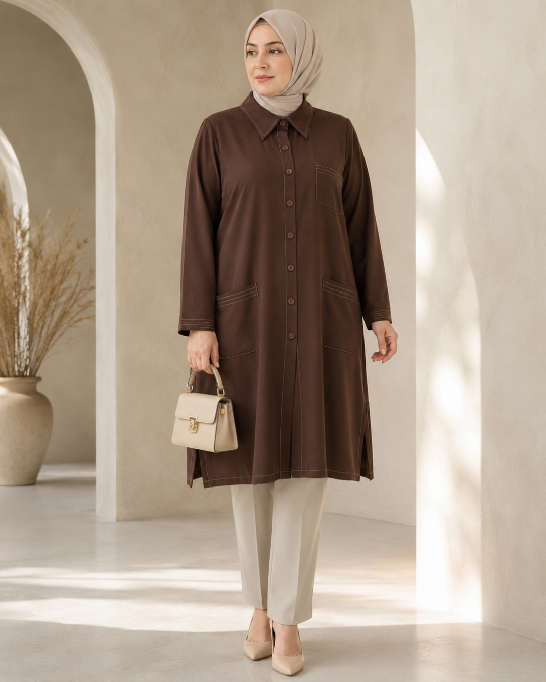 Üç Cepli %100 Modal Tunik  - 25217
