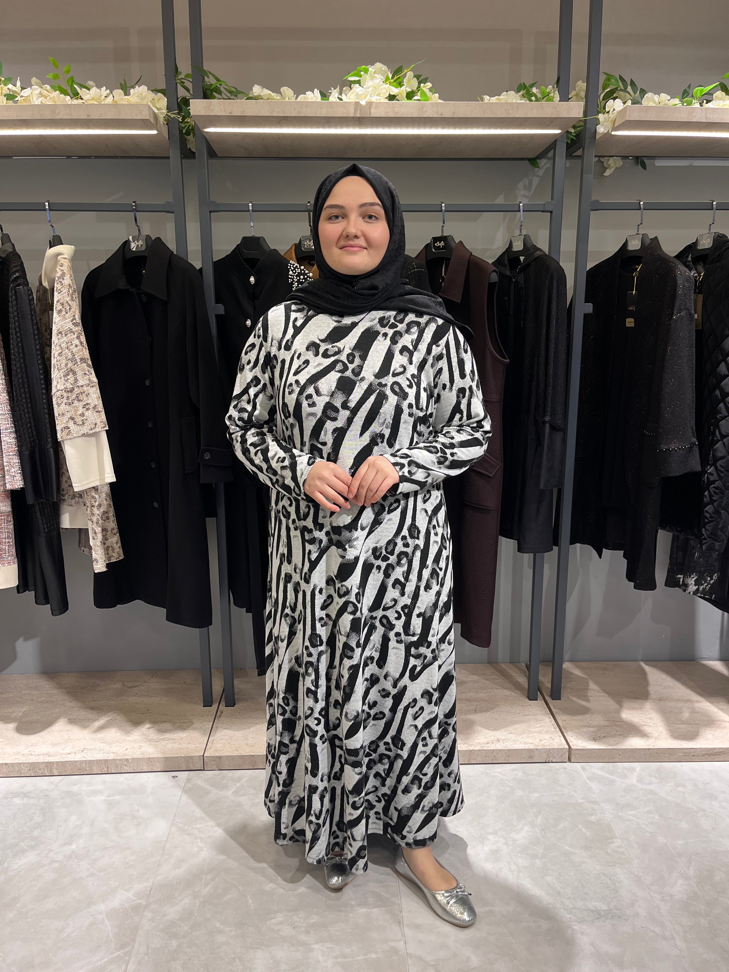 Desenli Örme Jakar Elbise - 3186