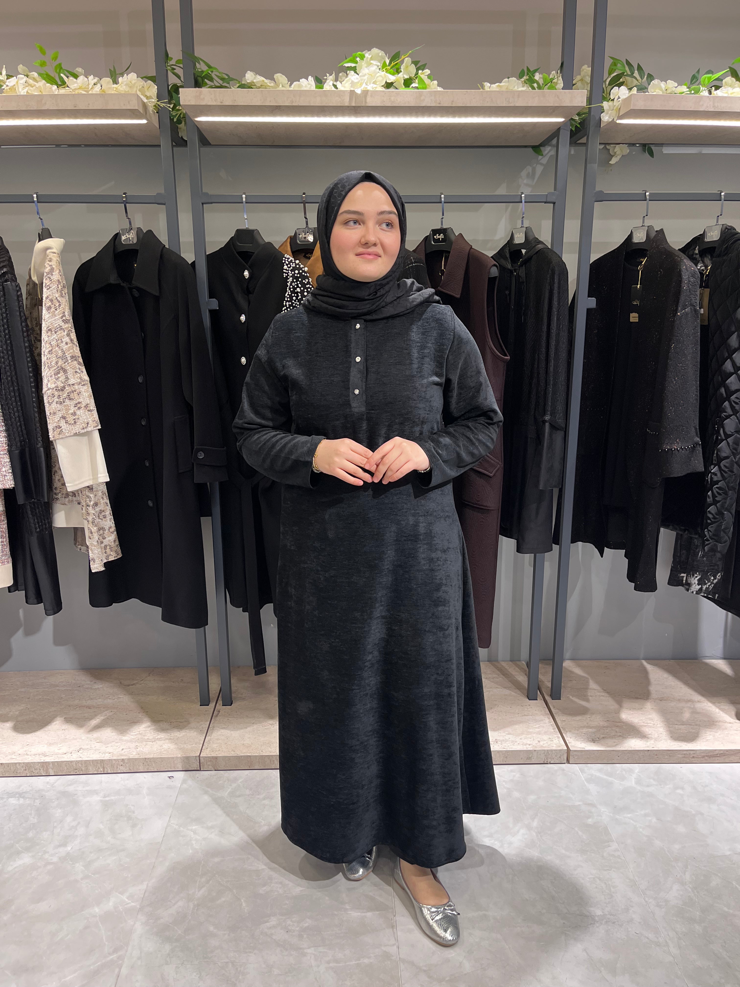 Önü Üç Düğmeli Kadife Elbise   - 3187