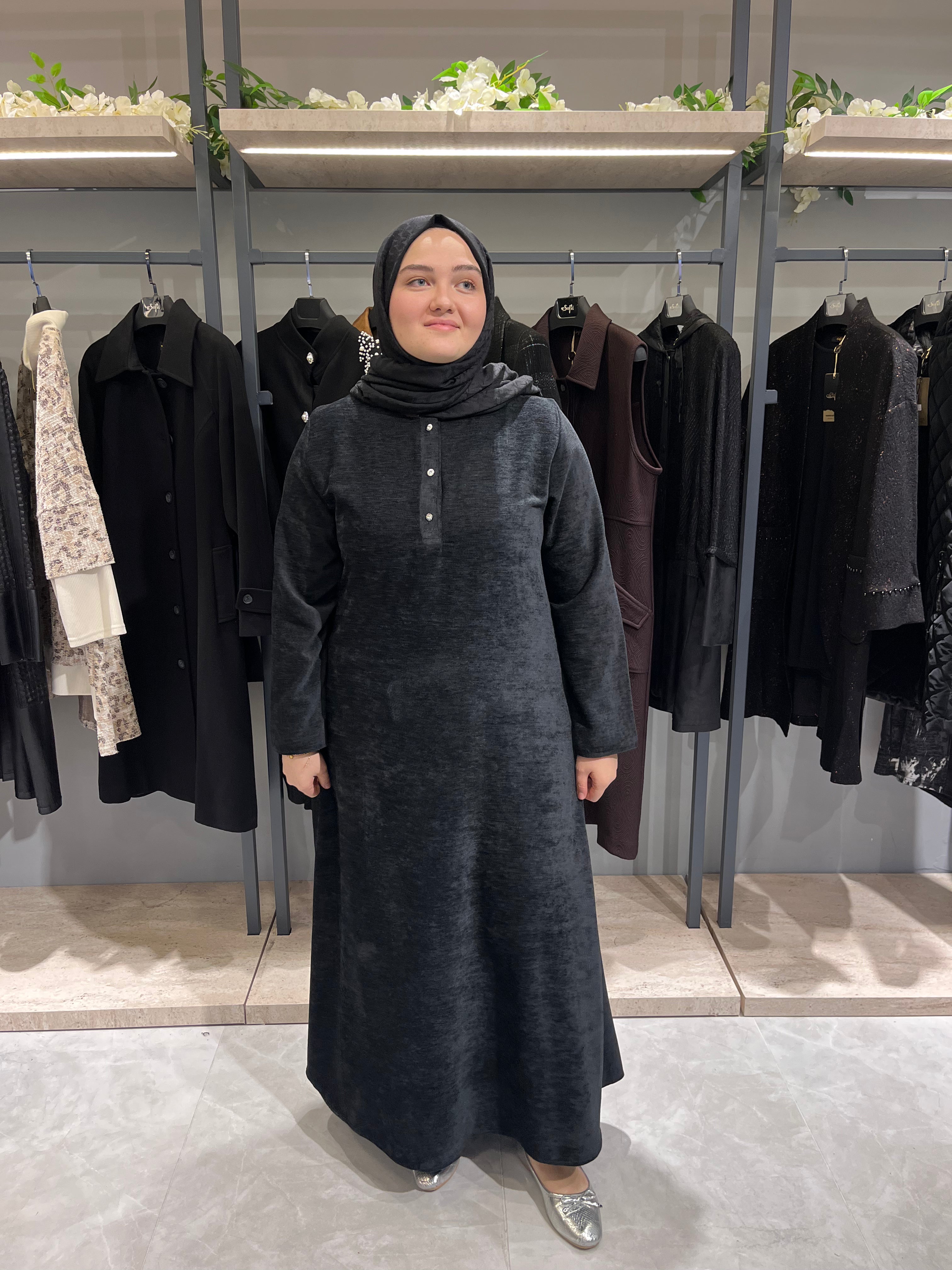 Önü Üç Düğmeli Kadife Elbise   - 3187