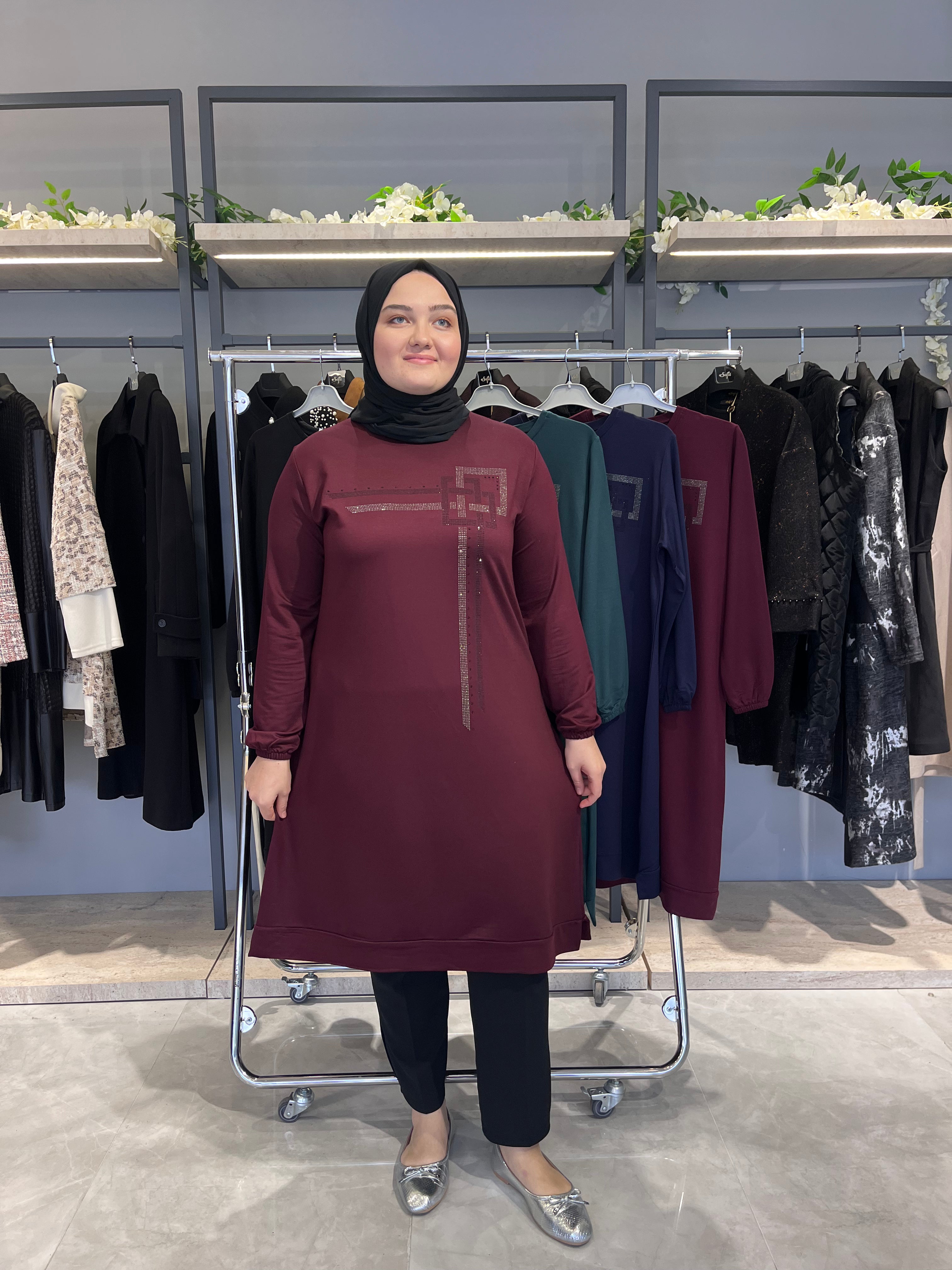 Önü Asimetrik Taşlı Günlük Tunik - 7317