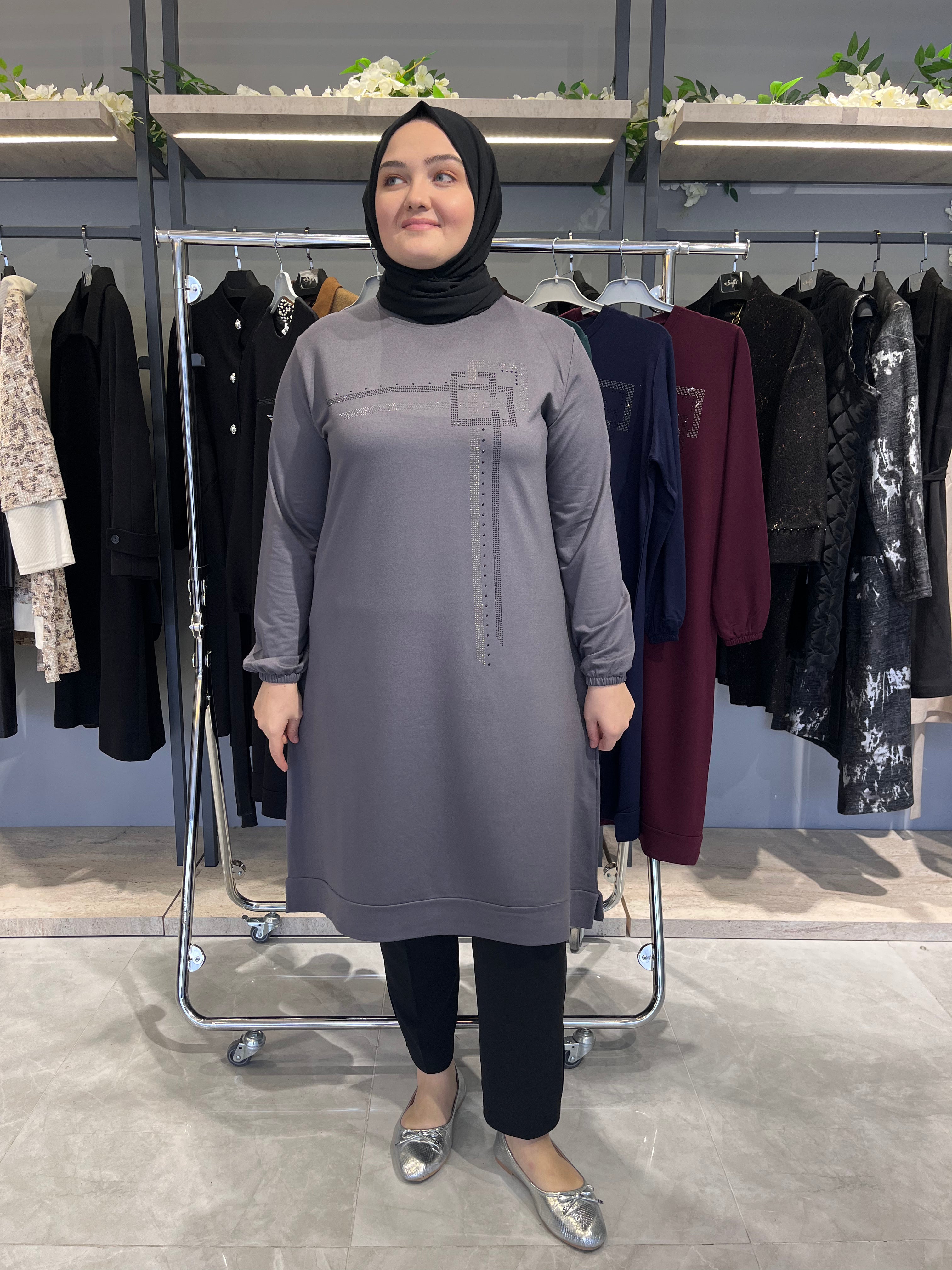 Önü Asimetrik Taşlı Günlük Tunik - 7317