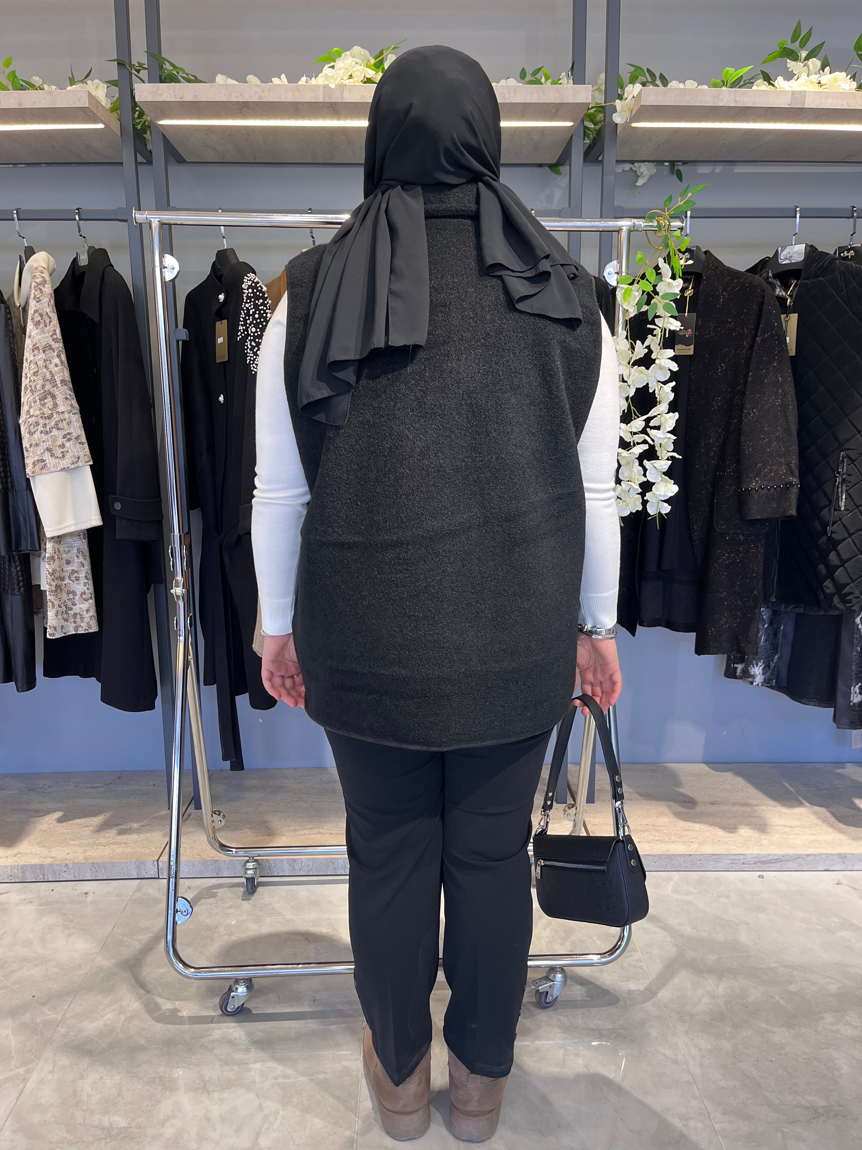 Deri Biyeli Astarsız Kaşmir Yelek  - 790