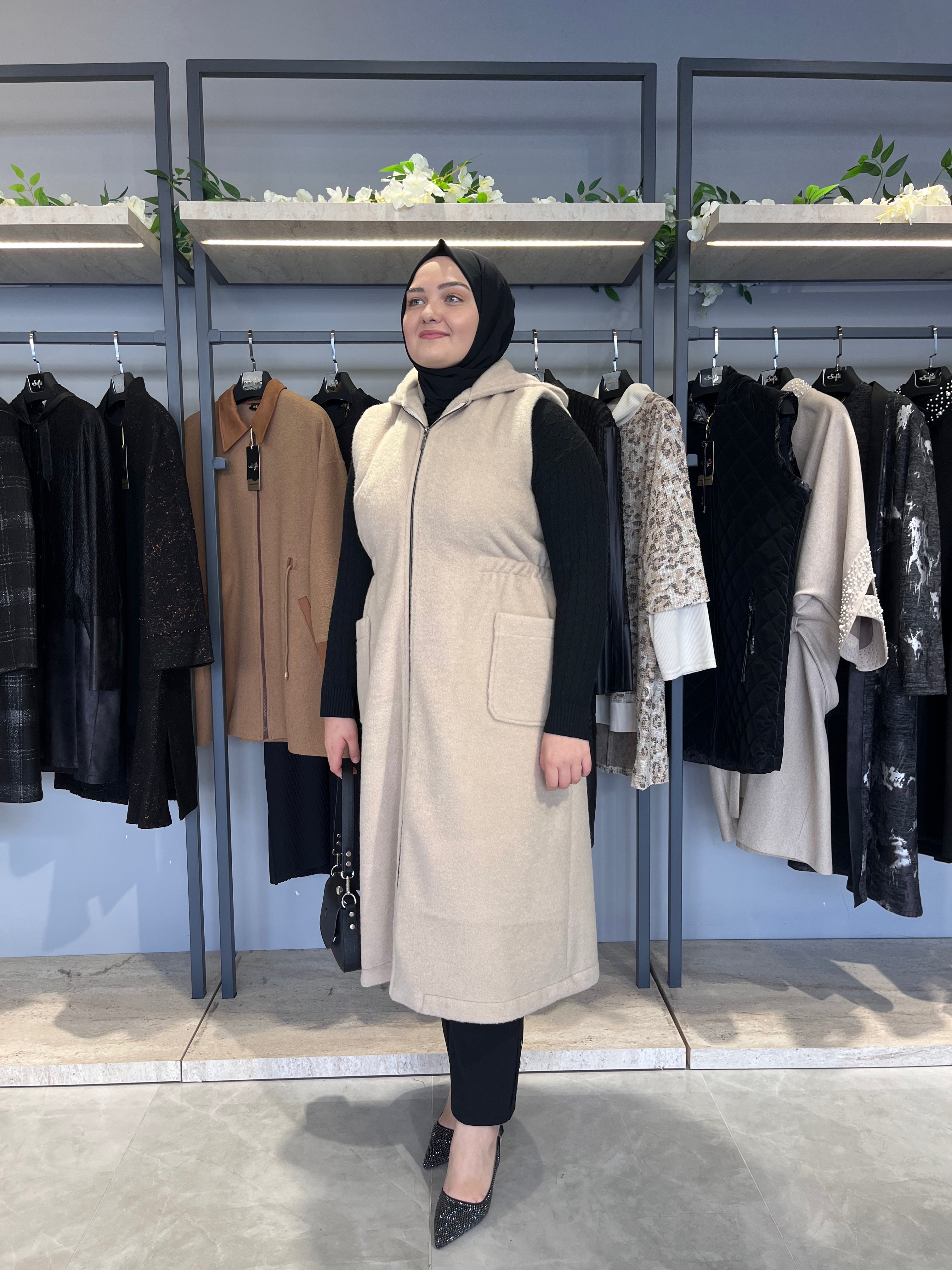 Kapüşonlu Kaşmir Kaşe Yelek - 26036