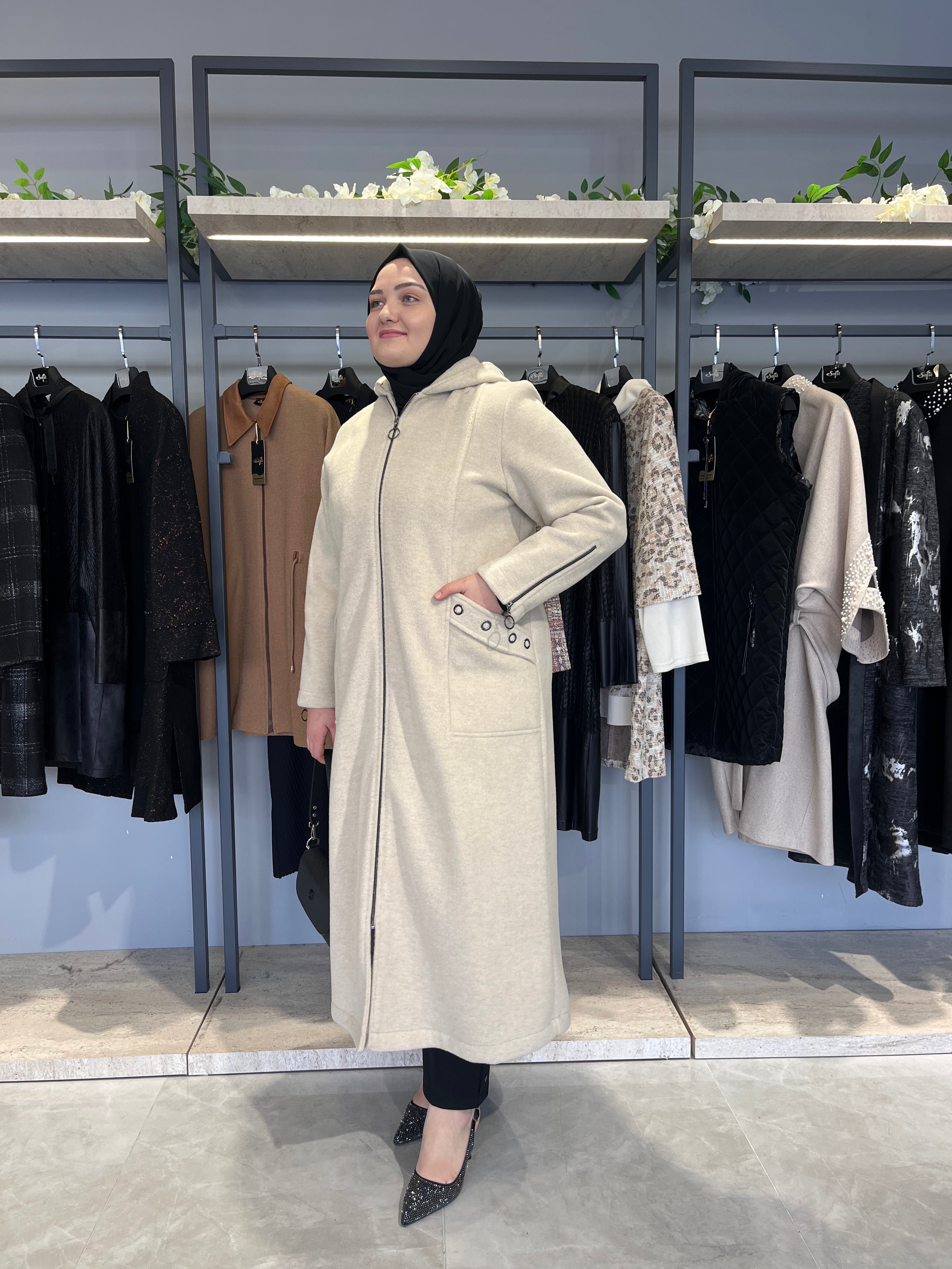 Kolları Fermuarlı Kapüşonlu Astarsız Kaşmir Kaşe Kaban - 26033