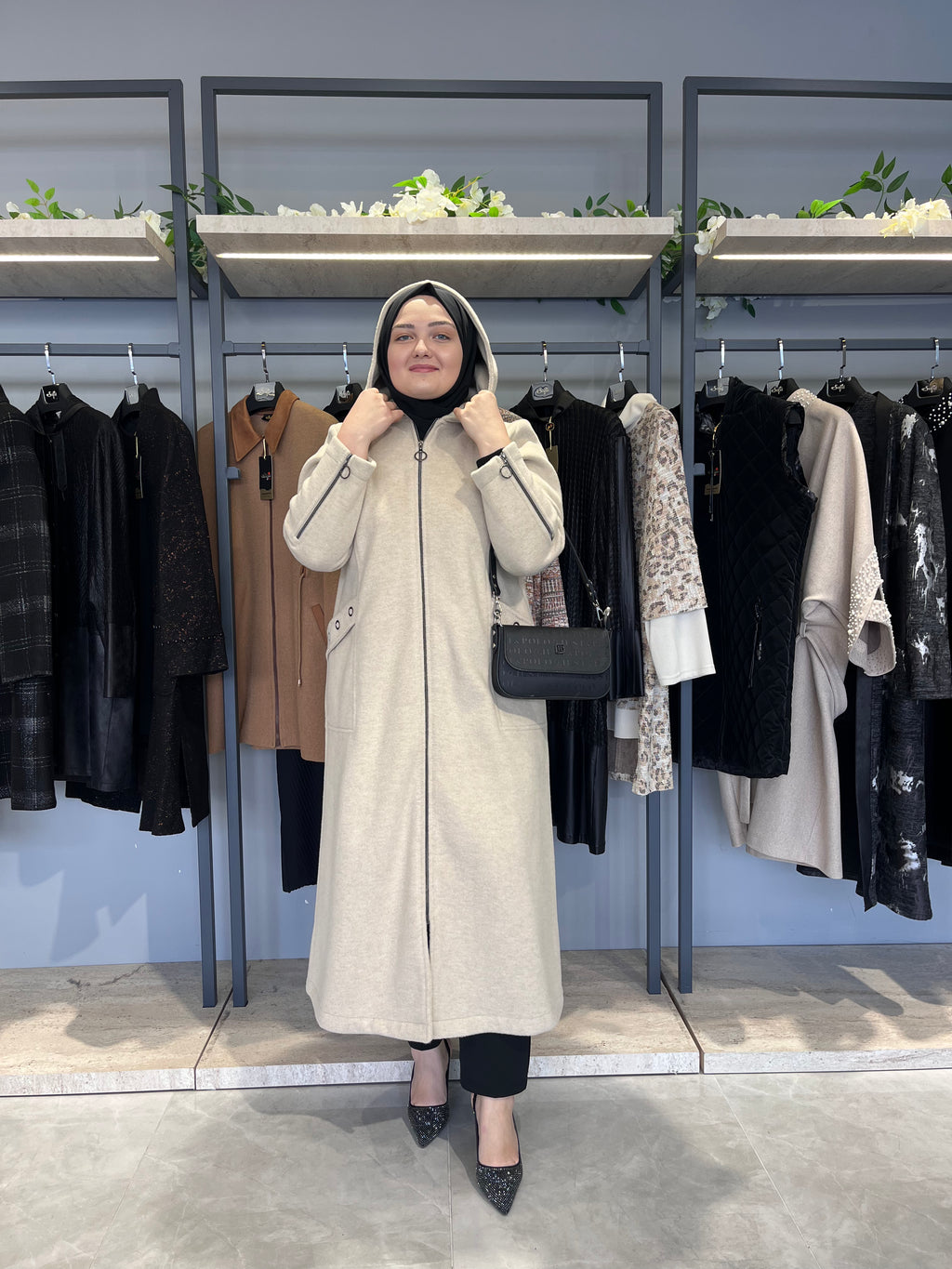Kolları Fermuarlı Kapüşonlu Astarsız Kaşmir Kaşe Kaban - 26033