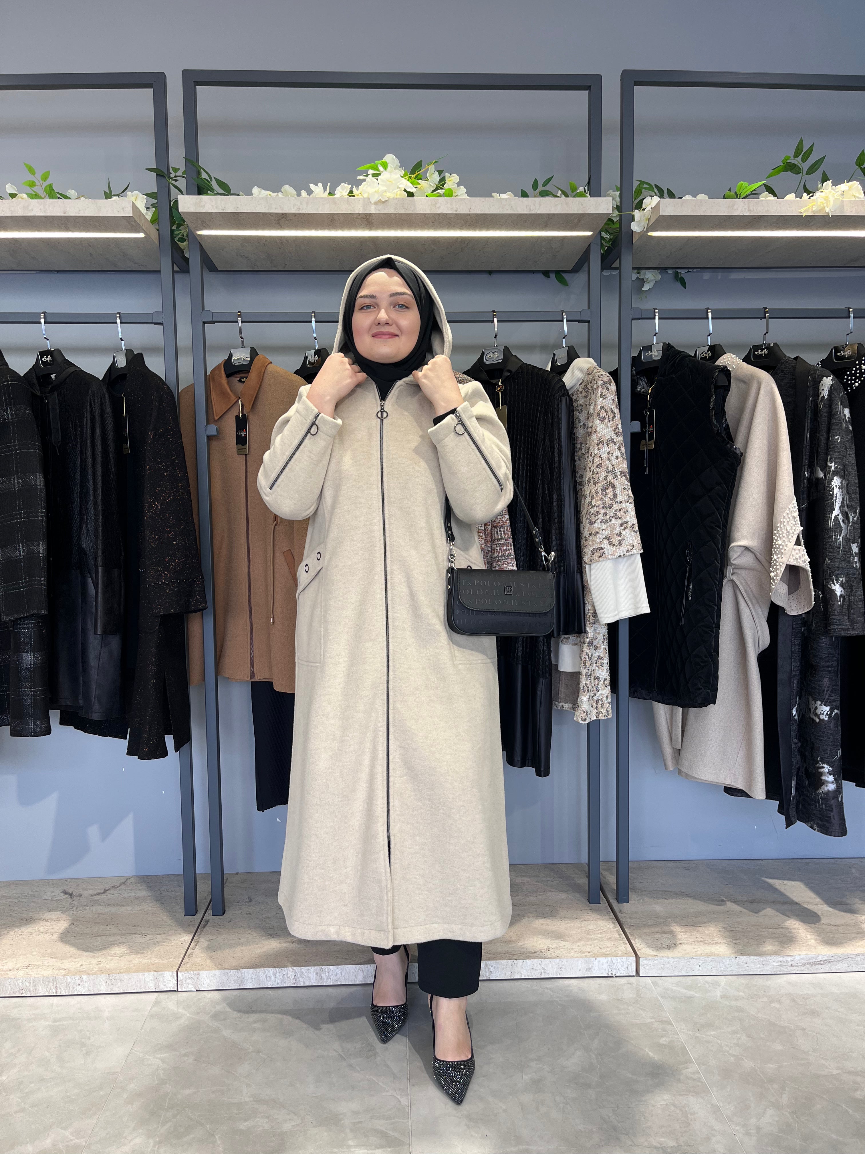 Kolları Fermuarlı Kapüşonlu Astarsız Kaşmir Kaşe Kaban - 26033