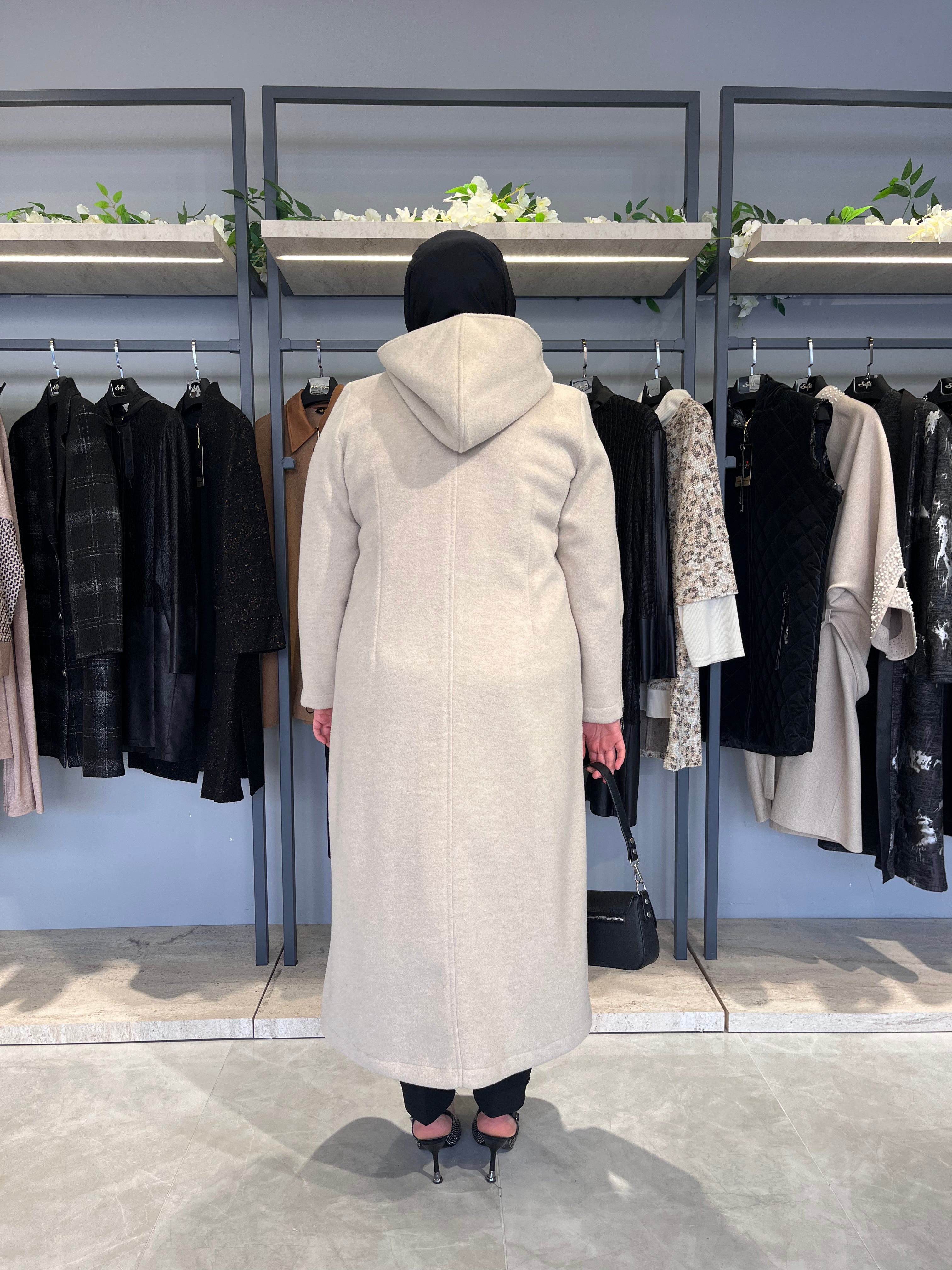 Kolları Fermuarlı Kapüşonlu Astarsız Kaşmir Kaşe Kaban - 26033