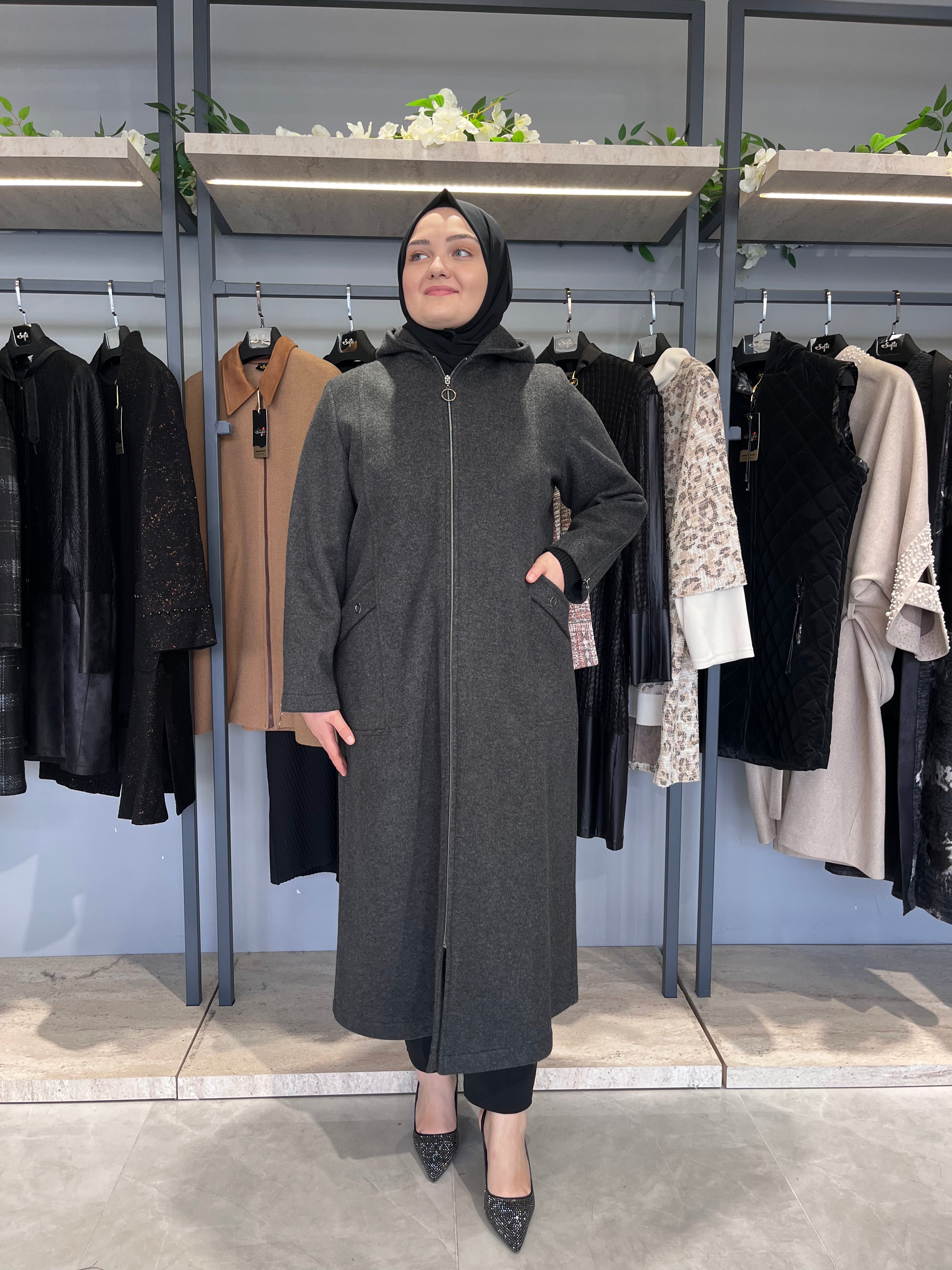 Kolları Fermuarlı Kapüşonlu Astarsız Kaşmir Kaşe Kaban - 26033