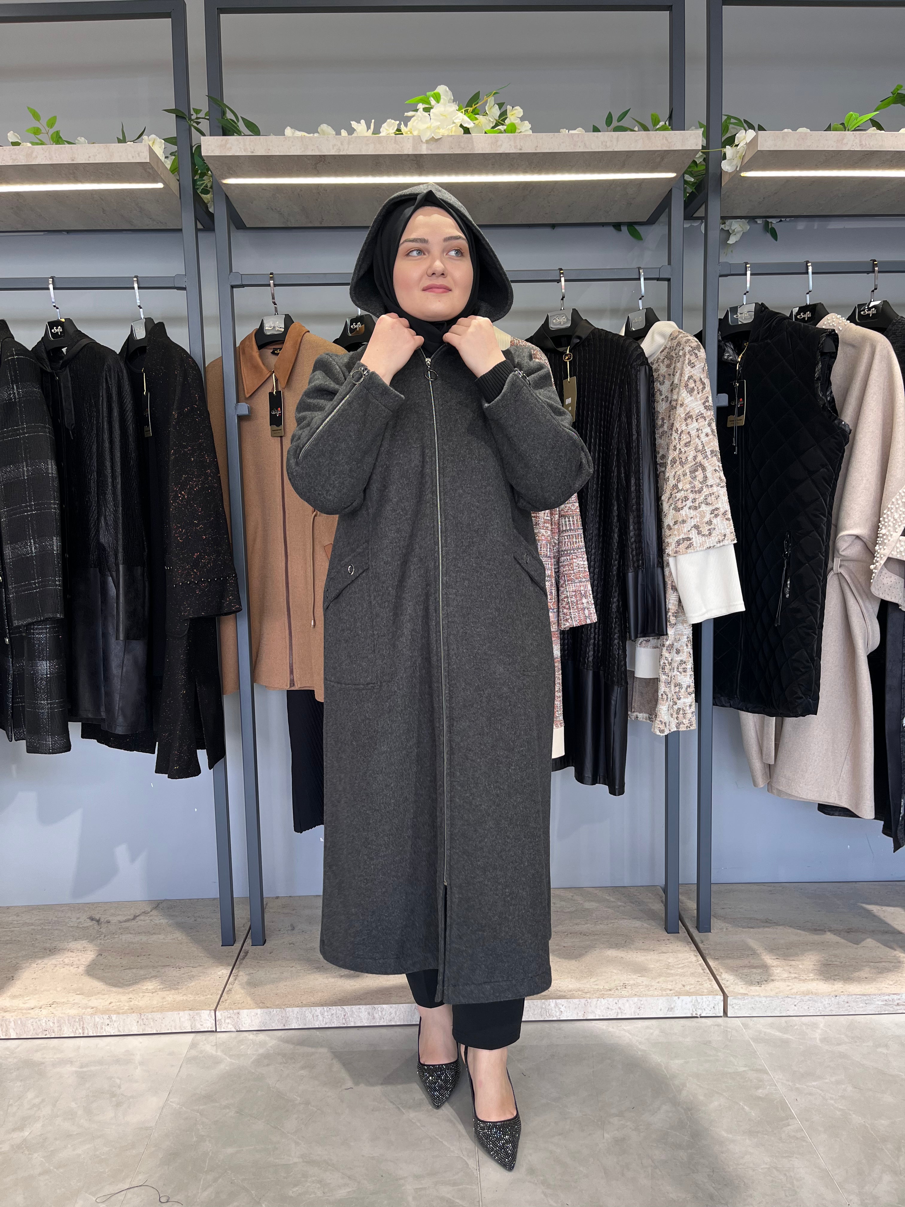 Kolları Fermuarlı Kapüşonlu Astarsız Kaşmir Kaşe Kaban - 26033