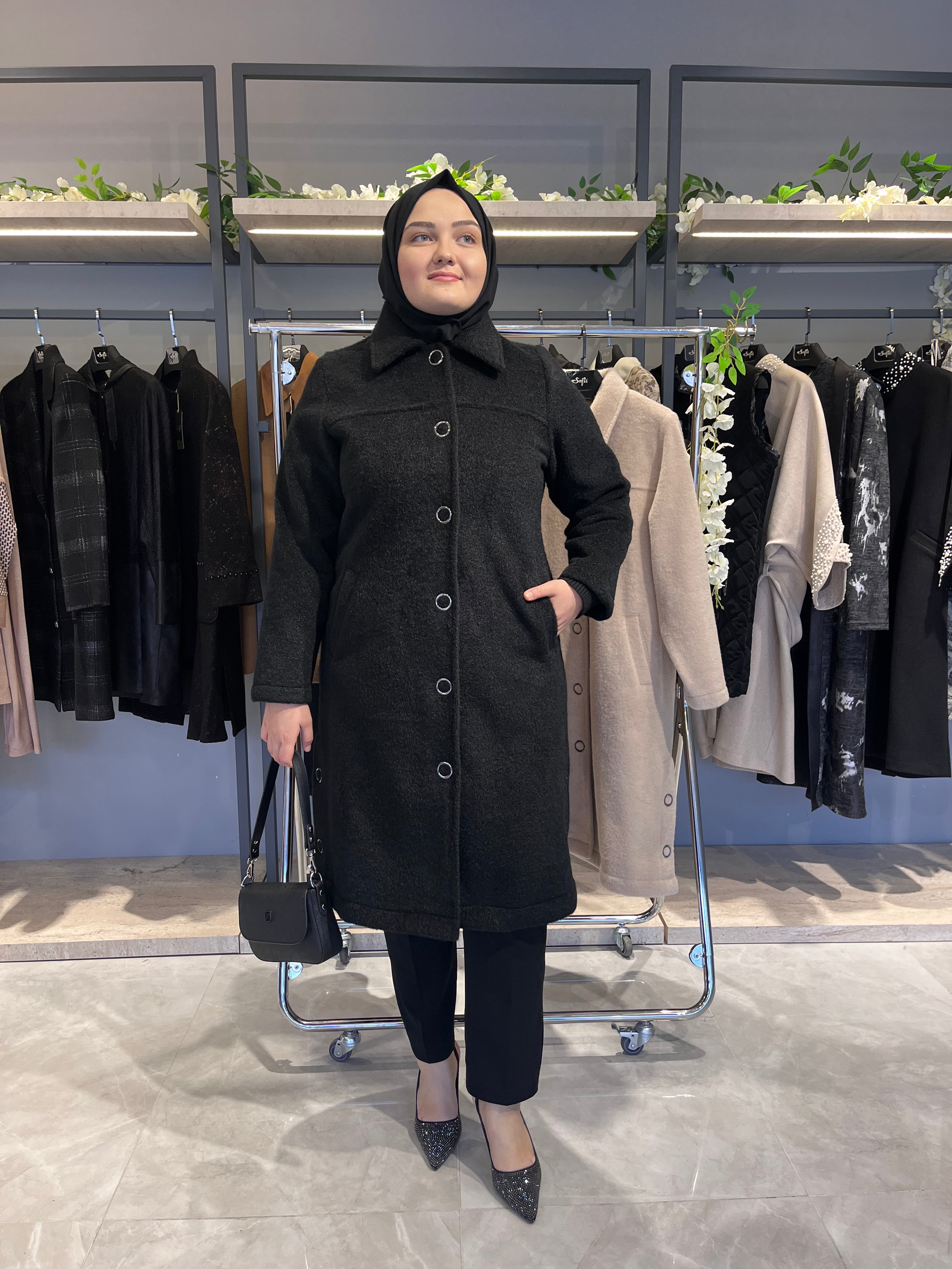 Halka Aksesuarlı Astarsız Kaşmir Kaşe Kaban  - 26037