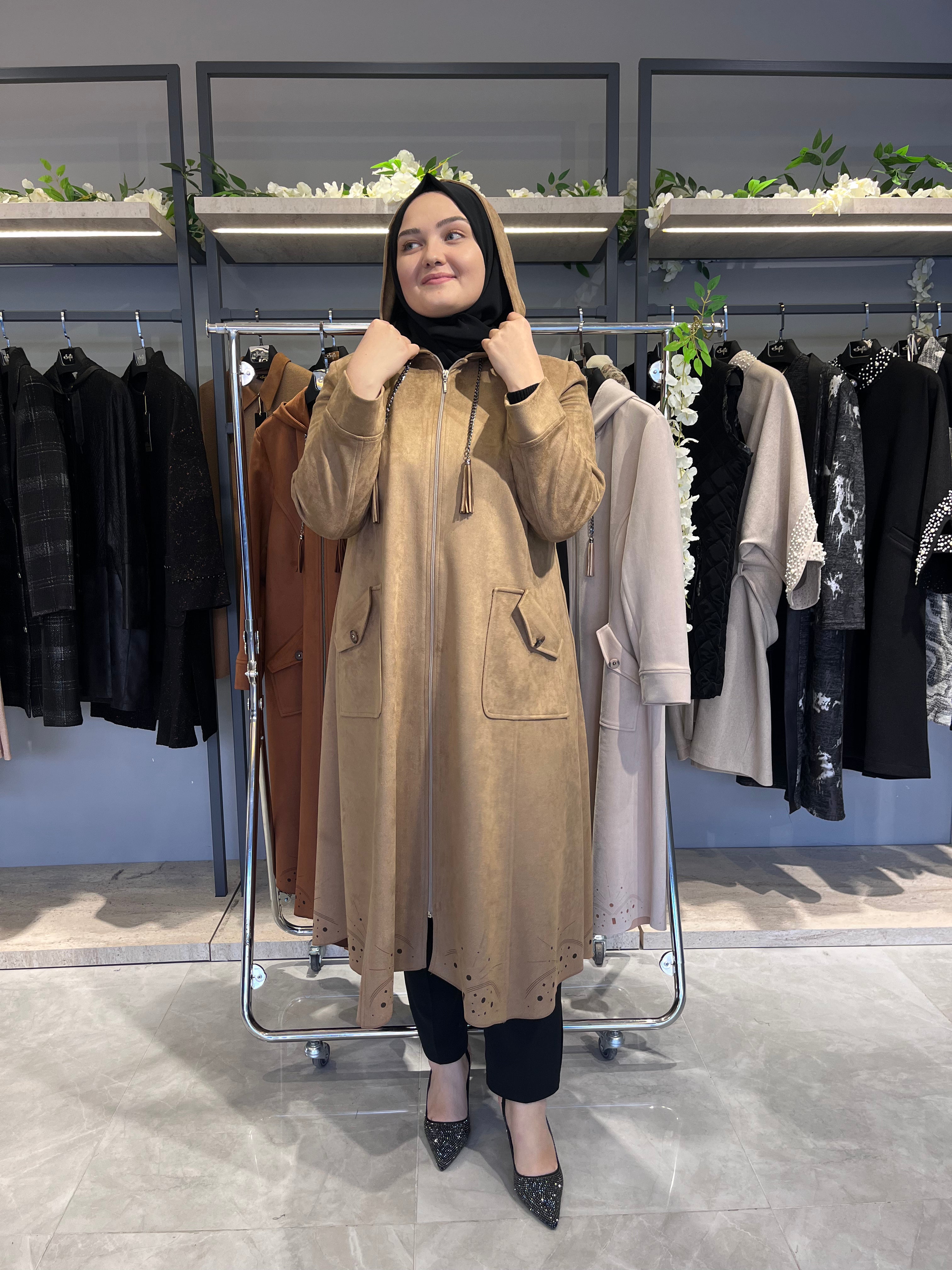 Etek Altı Laser İşlemeli Kapüşonlu Süet Kap  - 26016