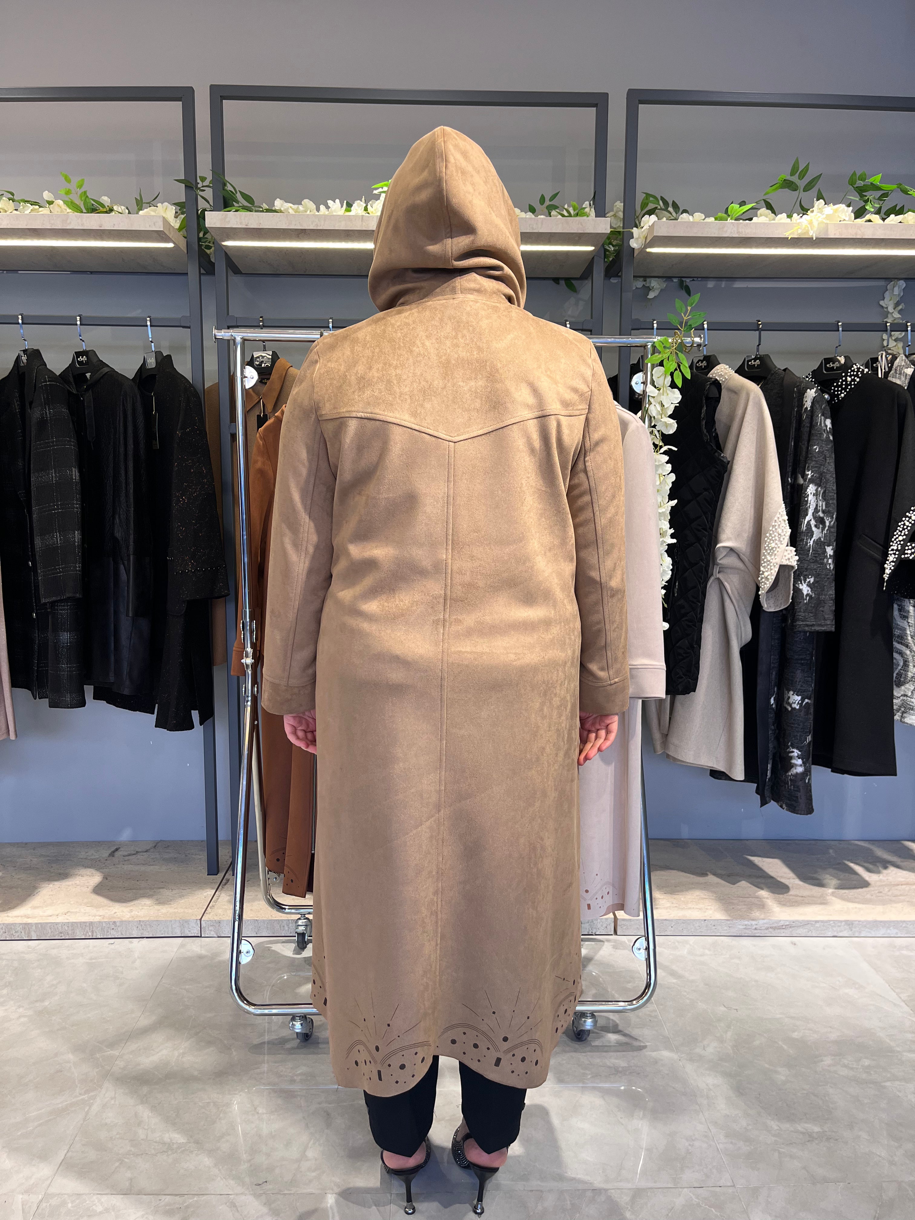 Etek Altı Laser İşlemeli Kapüşonlu Süet Kap  - 26016