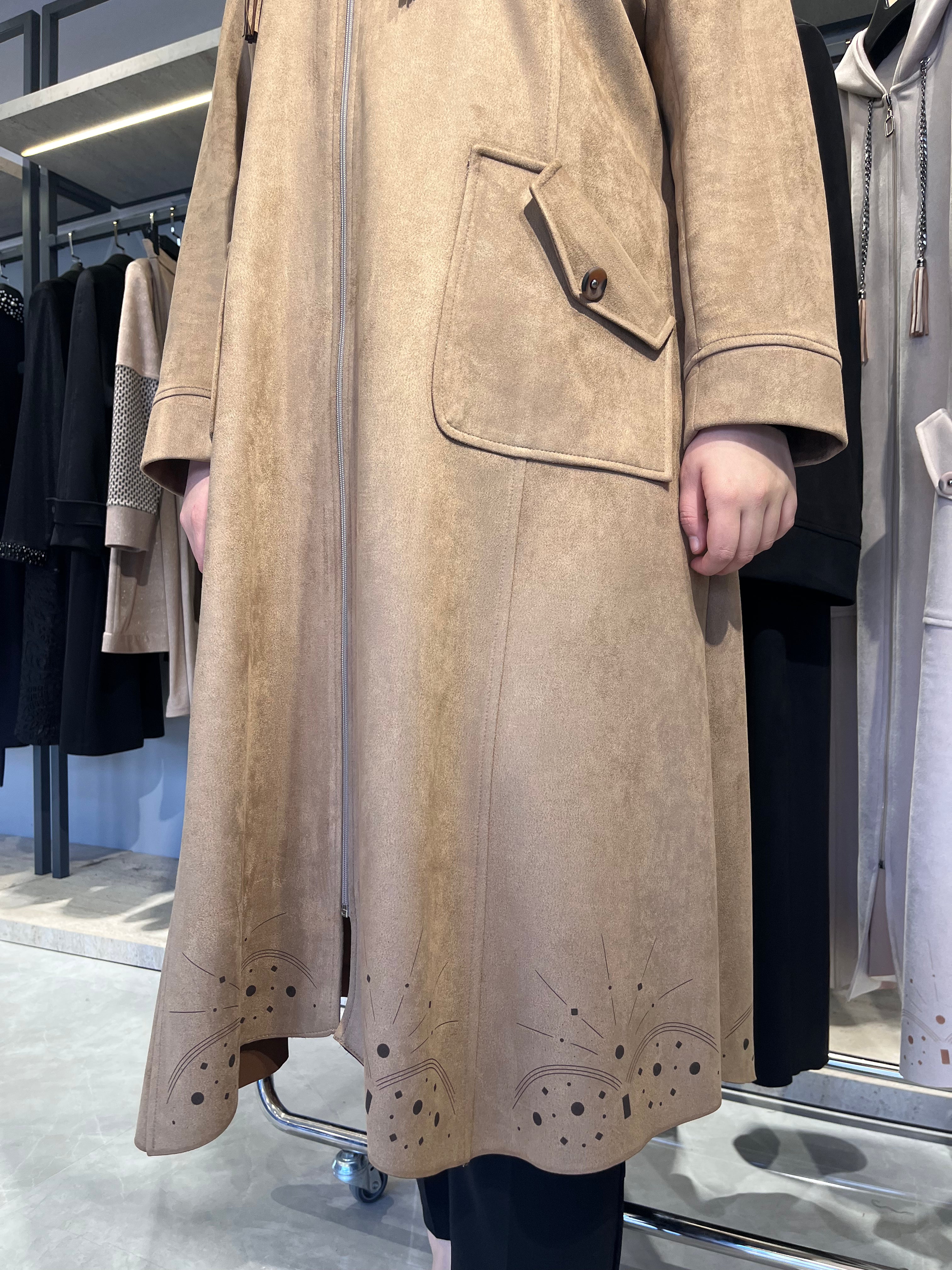 Etek Altı Laser İşlemeli Kapüşonlu Süet Kap  - 26016