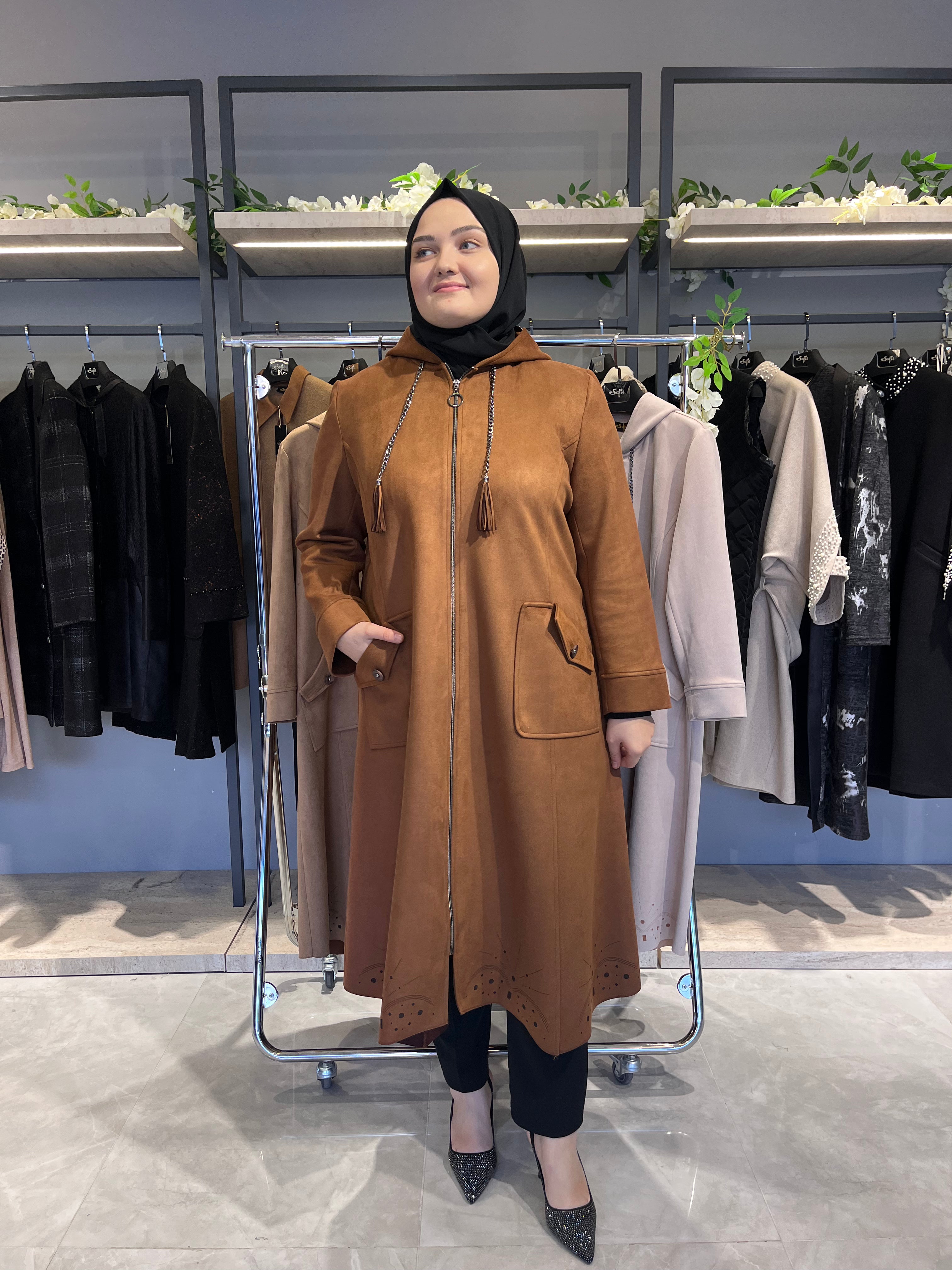 Etek Altı Laser İşlemeli Kapüşonlu Süet Kap  - 26016