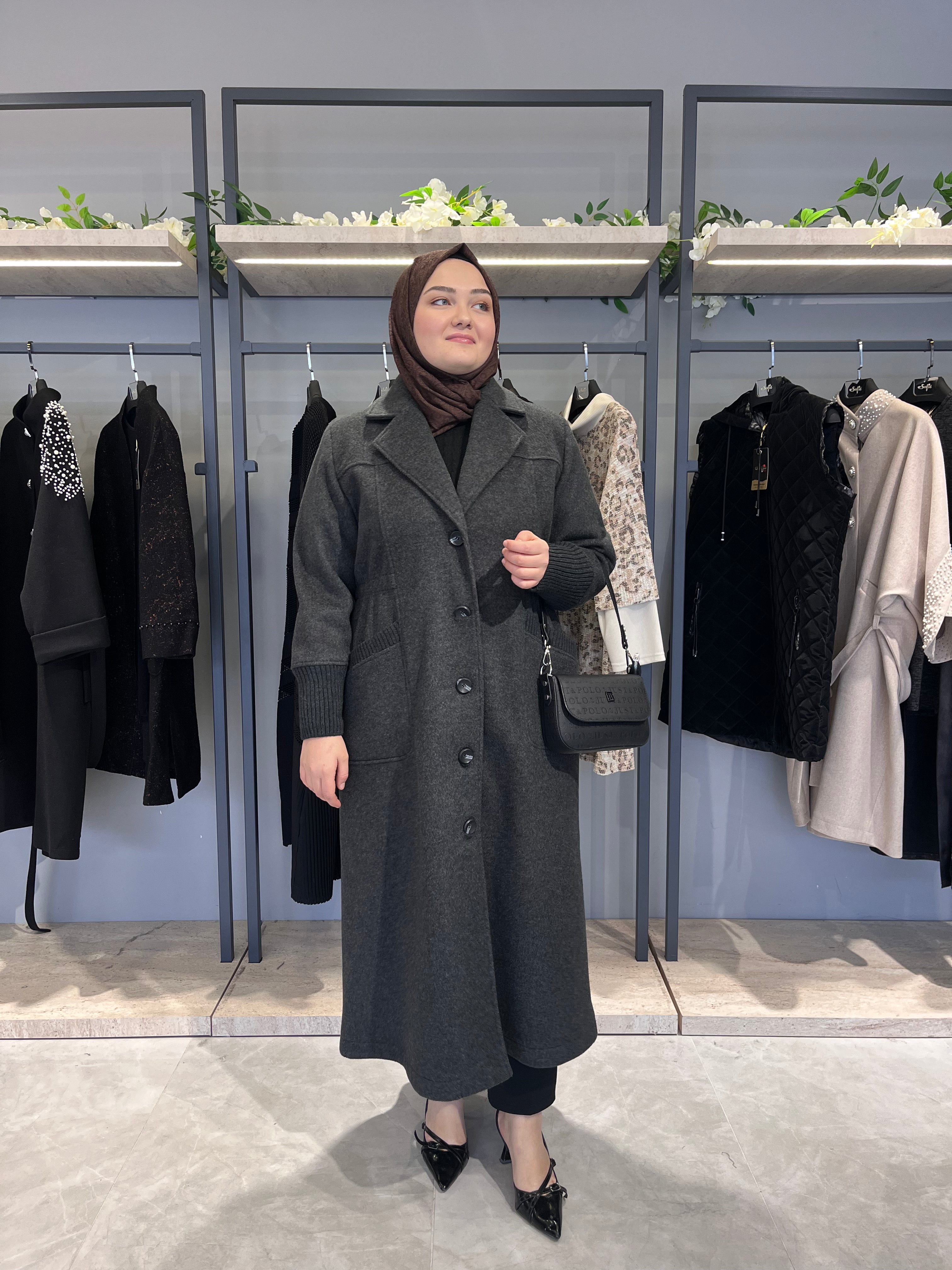 Kolu ve Cepleri Ribana Detaylı Astarsız Kaşe Kaban  - 26031