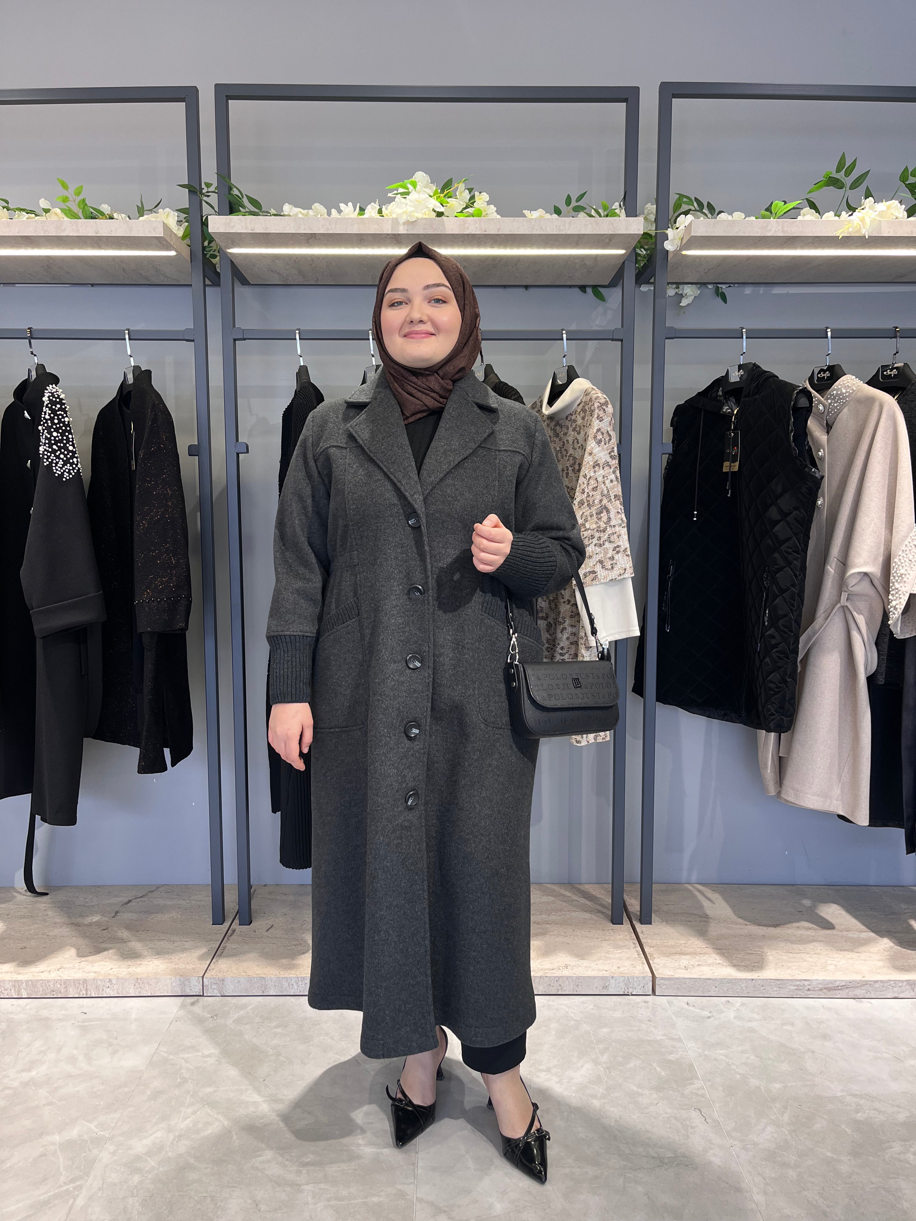 Kolu ve Cepleri Ribana Detaylı Astarsız Kaşe Kaban  - 26031