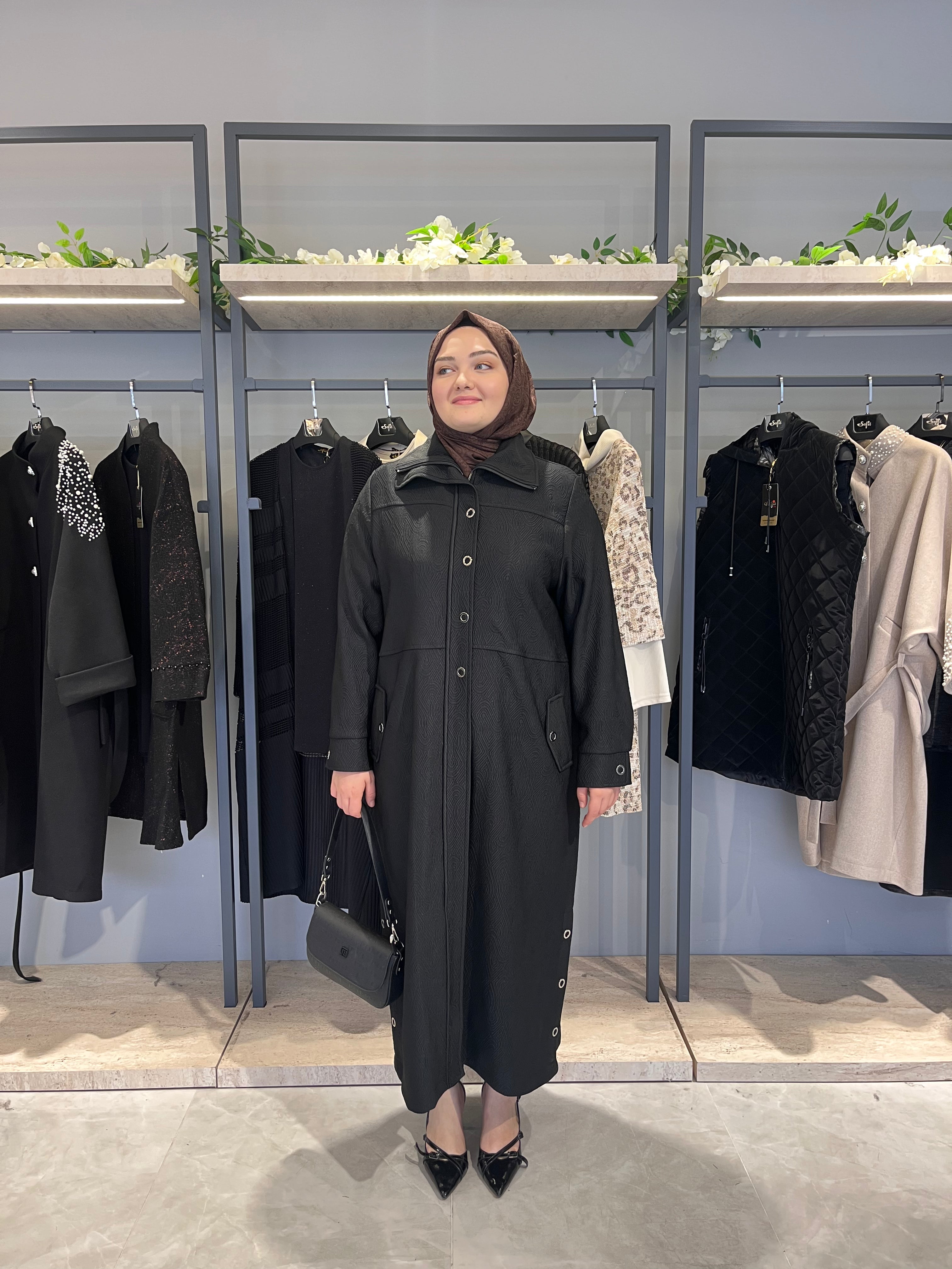 Dik Yaka Fermuarlı Astarsız Örme Kapitone Manto- 26040